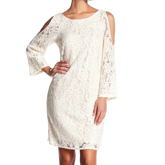 Adrianna Papell Ivory Lace Dress Cold Shoulder Shift Size 8 Women's NWT - Picture 1 of 11
